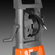 Close-up of the integrated hose reel on the Husqvarna PW125 pressure washer, showing the high-pressure hose neatly wound for compact storage.