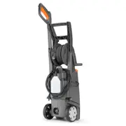 Rear view of the Husqvarna PW235R pressure washer showing onboard accessory storage, hose reel, power cable and foam sprayer.
