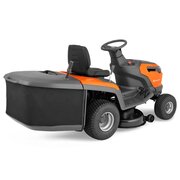 Rear view of Husqvarna R200iX battery ride-on mower with grass collector attached