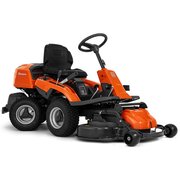 Husqvarna R214T ride-on lawnmower with front-mounted cutting deck, shown from a front three-quarter angle. Compact rider designed for efficient mowing and manoeuvrability around gardens and landscaped areas.