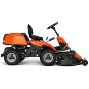 Side view of the Husqvarna R214T ride-on lawnmower with front-mounted cutting deck. Compact rider offering excellent visibility and access when mowing around obstacles and garden features.