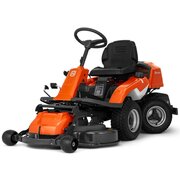 Husqvarna R214T ride-on lawnmower featuring a front-mounted cutting deck and articulated steering, shown from a front three-quarter perspective.