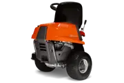 Rear view of Husqvarna Rider R112C petrol ride-on mower with rear-mounted Husqvarna engine and compact chassis