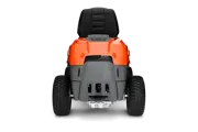 Rear view of Husqvarna Rider R112C compact ride-on mower with wide tyres and rear-mounted engine design