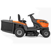 Side view of Husqvarna TC100i ride-on garden tractor mower with rear grass collector and 95cm cutting deck