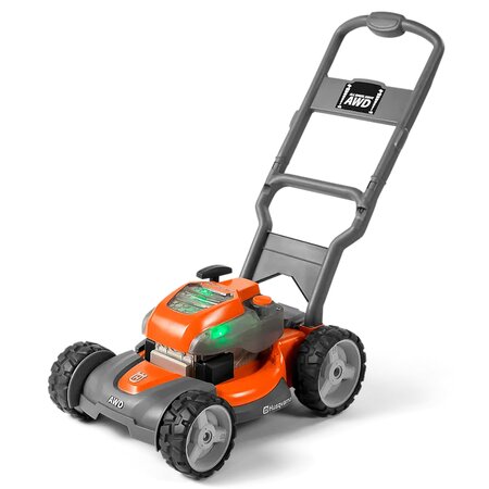 Husqvarna Toy Lawnmower for children with realistic styling, large wheels, and interactive features