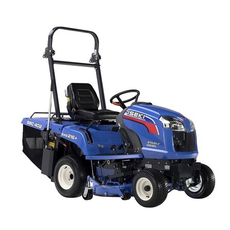 Iseki SXG216+ diesel ride-on mower with 40-inch cutting deck and high-capacity grass collector. Professional cut-and-collect lawn mower for large gardens, estates, parks and commercial grounds maintenance.