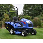 Iseki SXG216+ diesel ride-on mower with 40-inch centre discharge deck and grass collector, shown on a maintained lawn. High-capacity diesel lawn tractor designed for efficient grass collection and large-area mowing.