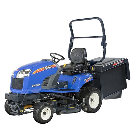 Iseki SXG324 professional diesel ride-on mower with cut-and-collect system and large-capacity low-tip grass collector.