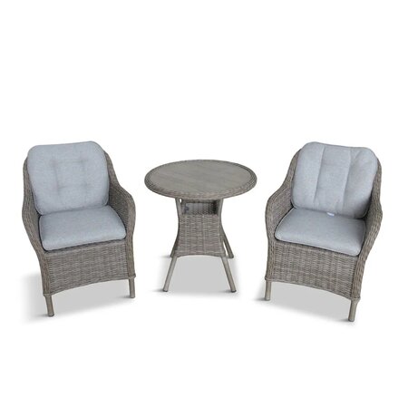 Leisure Grow St Tropez Sand 2 seat garden dining set with two cushioned rattan-effect chairs shown against a crisp white background.
