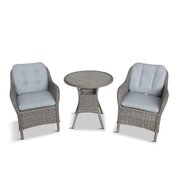 Leisure Grow St Tropez Sand 2 seat garden dining set with two cushioned rattan-effect chairs shown against a crisp white background.
