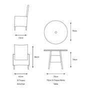 Dimension diagram showing the measurements of the Leisure Grow St Tropez Sand 2 Seat Garden Dining Set, including chair height, width, depth, and round table size for patio and balcony planning.