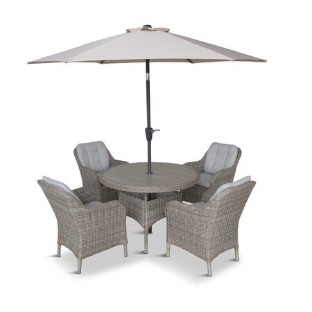 LG St Tropez Sand 4 Seat Garden Dining Set with round table, four cushioned armchairs and 2.5m parasol, shown on a white background.