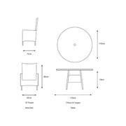 Dimension diagram showing chair and table measurements for the LG St Tropez Sand 4 Seat Garden Dining Set with 2.5 m parasol.