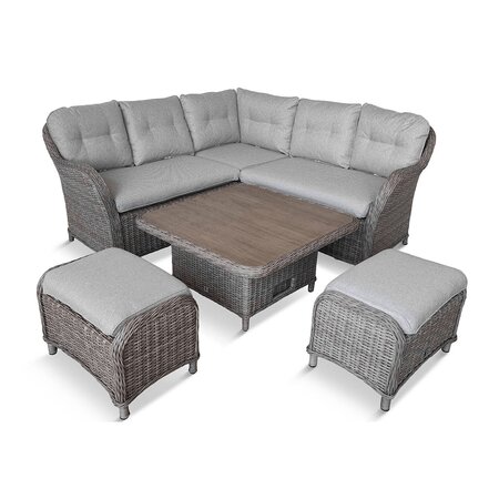 LG St Tropez Sand Compact Modular Dining Set with table, showing corner sofa seating, two stools, and a square wood-effect dining table on a white background.