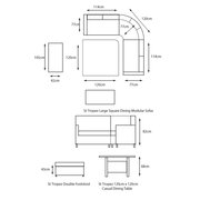 Dimensions diagram showing layout and measurements of the LG St Tropez Sand large square modular sofa set and table
