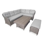 LG St Tropez Sand rectangular modular rattan sofa set with cushioned corner seating, matching table, and footstool shown on a white background.