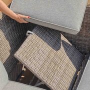 Reclining corner section of the LG St Tropez Sand modular garden sofa, showing adjustable backrest mechanism beneath the seat cushion.