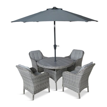 LG St Tropez Stone 4 Seat Garden Dining Set with round table, four cushioned armchairs and 2.5m parasol, shown on a white background.