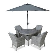 LG St Tropez Stone 4 Seat Garden Dining Set with round table, four cushioned armchairs and 2.5m parasol, shown on a white background.