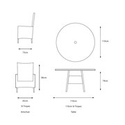 Dimension diagram showing chair and table measurements for the LG St Tropez Stone 4 Seat Garden Dining Set with 2.5 m parasol.