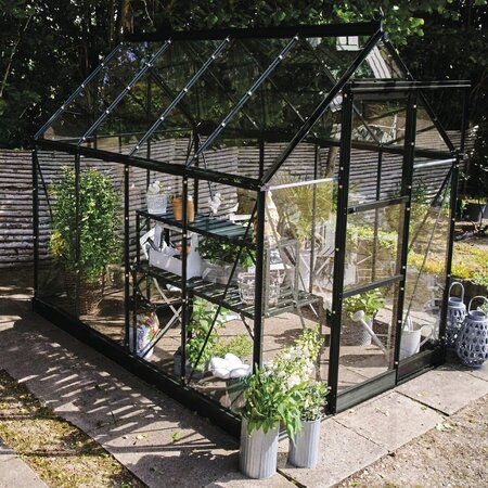Halls Icon 6 6x8 greenhouse with a powder-coated black frame, shown fully assembled