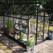 Halls Icon 6 6x8 greenhouse with a powder-coated black frame, shown fully assembled