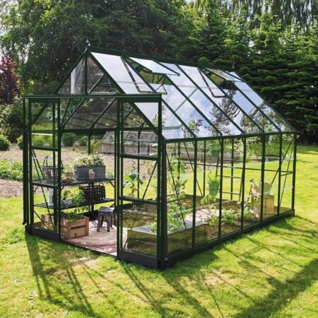 Halls ICON 8 8x12 greenhouse with a powder-coated green frame, shown fully assembled.