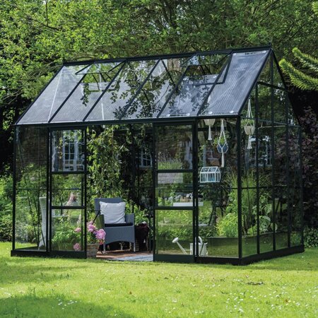 Halls ICON 8 8x12 planthouse with a powder-coated black frame, shown fully assembled.