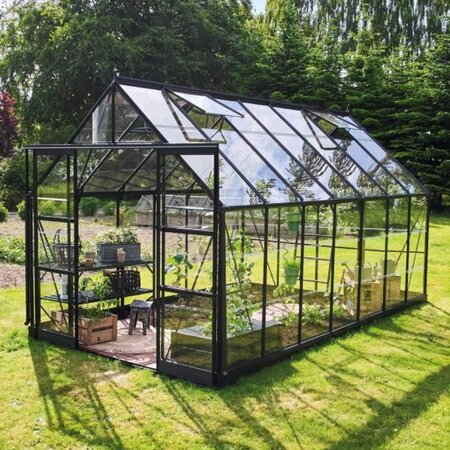 Halls ICON 8 8x14 greenhouse with a powder-coated black frame, shown fully assembled.