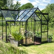 Halls ICON gardenhouse 6 6x10 greenhouse with a powder-coated black frame, shown fully assembled.
