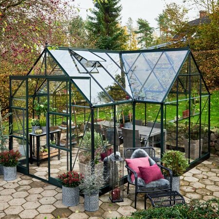 Halls ICON gardenhouse 8 8x12 greenhouse with a powder-coated green frame, shown fully assembled.