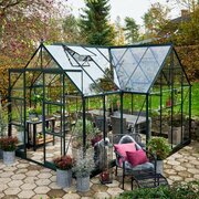 Halls ICON gardenhouse 8 8x12 greenhouse with a powder-coated green frame, shown fully assembled.