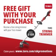 Toro lawnmower promotion graphic showing a free Toro string trimmer worth £159 included with purchase, claimable via toro.com/ukpromotions