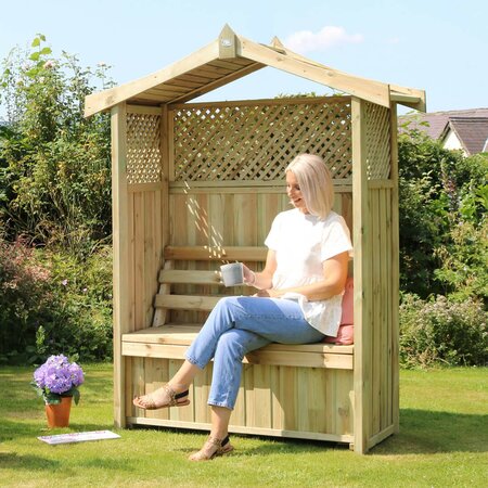 Zest 4 Leisure Dorset Arbour with storage box set with woman sat in it