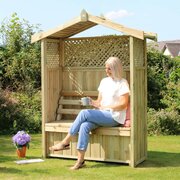Zest 4 Leisure Dorset Arbour with storage box set with woman sat in it