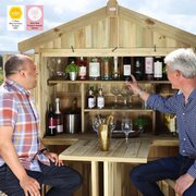 Garden Bar and 2 Stool Set with two men observing their drinks collection
