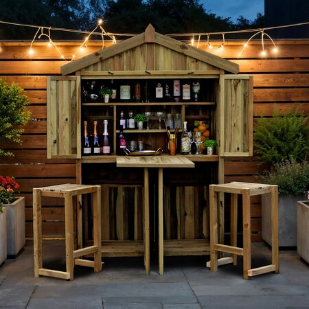 Garden Bar and 2 Stool Set at nightime lit up by lights