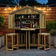 Garden Bar and 2 Stool Set at nightime lit up by lights
