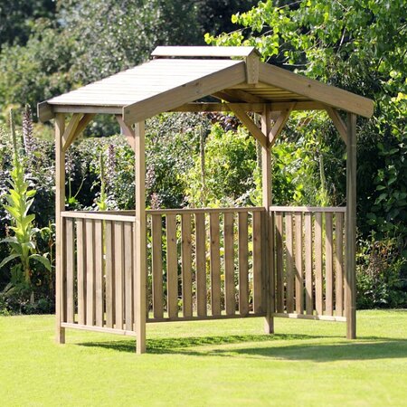 Zest Ashton BBQ Shelter pressure treated timber BBQ canopy with apex roof and panelled sides in a garden setting