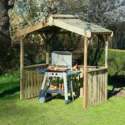 Zest Ashton BBQ Shelter wooden garden canopy with apex roof and roof vent covering a gas barbecue in a garden